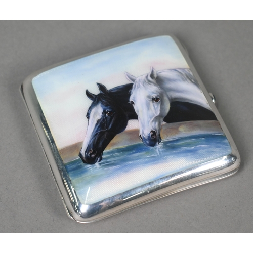 152 - An antique .835 standard cigarette case, enamelled with two horses drinking at a trough, the catch s... 