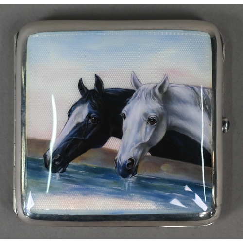 152 - An antique .835 standard cigarette case, enamelled with two horses drinking at a trough, the catch s... 