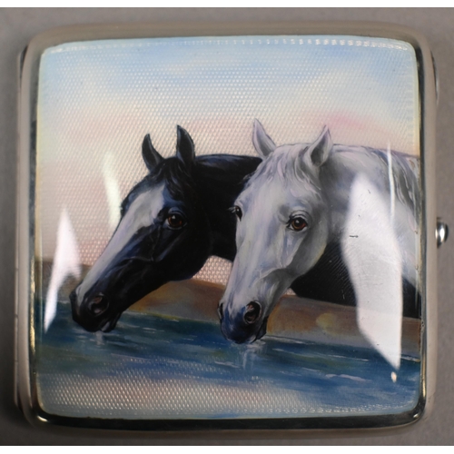 152 - An antique .835 standard cigarette case, enamelled with two horses drinking at a trough, the catch s... 