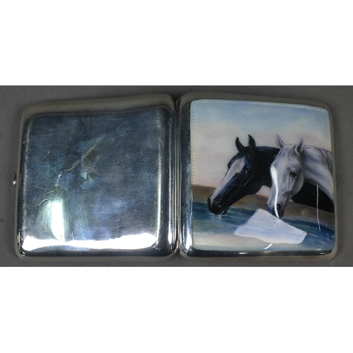 152 - An antique .835 standard cigarette case, enamelled with two horses drinking at a trough, the catch s... 