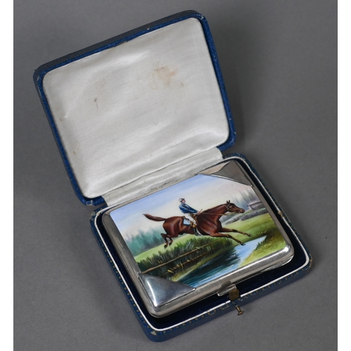 153 - A .935 standard cigarette case, enamelled with a steeplechaser clearing a water-jump, 6.8 x 8.5cm, i... 