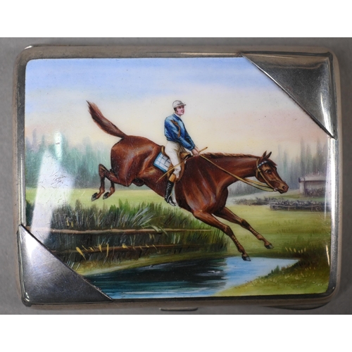 153 - A .935 standard cigarette case, enamelled with a steeplechaser clearing a water-jump, 6.8 x 8.5cm, i... 