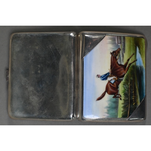 153 - A .935 standard cigarette case, enamelled with a steeplechaser clearing a water-jump, 6.8 x 8.5cm, i... 