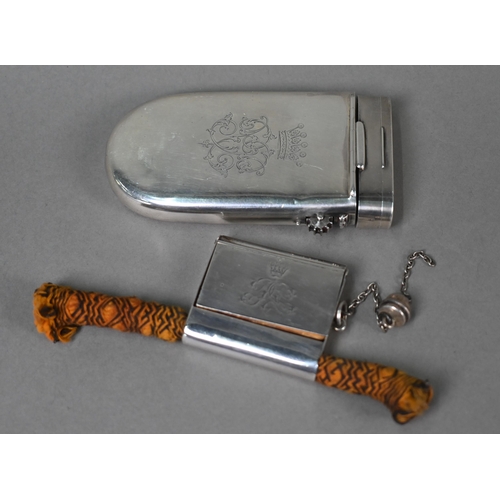 154 - A Victorian 1868 patent cheroot/vesta case with hinged elements and knurled wheel wick-dispenser, He... 