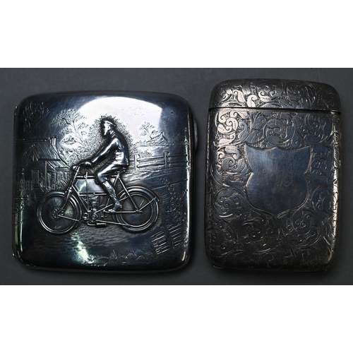 155 - AMENDMENT An Edwardian silver cigarette case, embossed with a motorcyclist on a country road, T H Ha... 