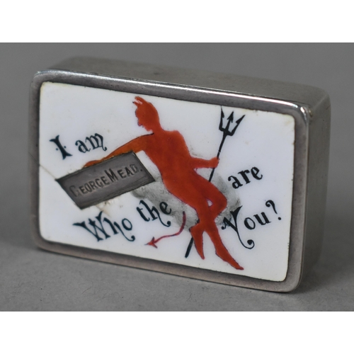 158 - A Victorian novelty silver vesta case the top enamelled with a devil and the inscription 'I am [Geor... 