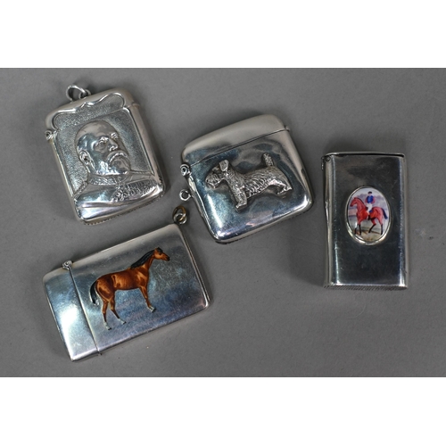 159 - A Sterling vesta case of slim, curved form, enamelled with a chestnut horse, to/w a Victorian vesta ... 