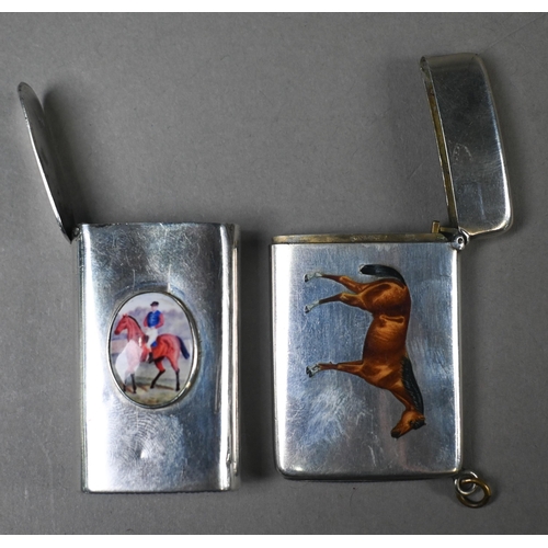 159 - A Sterling vesta case of slim, curved form, enamelled with a chestnut horse, to/w a Victorian vesta ... 