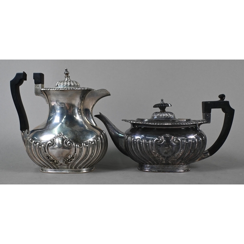 164 - A late Victorian silver four-piece tea service of half-reeded oblong design, John Round & Son Lt... 