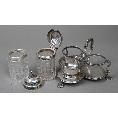 165 - A Victorian silver trefoil cruet stand with two cut glass pots for mustard and pepper, the salt atta... 
