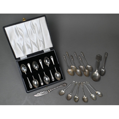 166 - A cased set of six teaspoons and other silver spoons, a butter knife and a Danish sterling preserve ... 