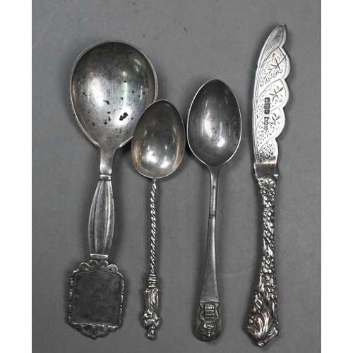 166 - A cased set of six teaspoons and other silver spoons, a butter knife and a Danish sterling preserve ... 