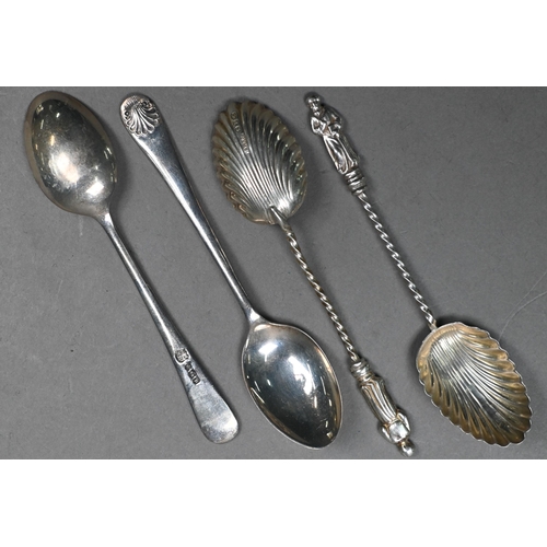 166 - A cased set of six teaspoons and other silver spoons, a butter knife and a Danish sterling preserve ... 