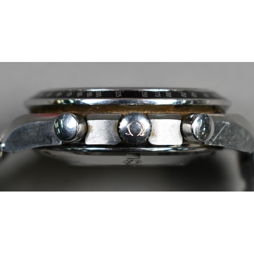 183 - A gents Omega Speedmaster date chronograph automatic wristwatch, the black dial with three sub dials... 