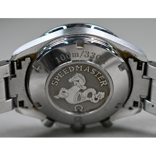 183 - A gents Omega Speedmaster date chronograph automatic wristwatch, the black dial with three sub dials... 
