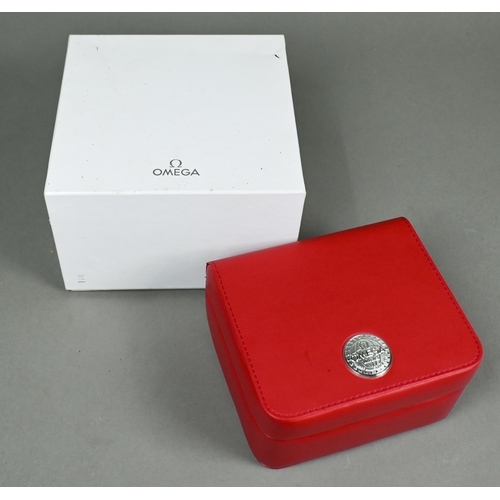 183 - A gents Omega Speedmaster date chronograph automatic wristwatch, the black dial with three sub dials... 