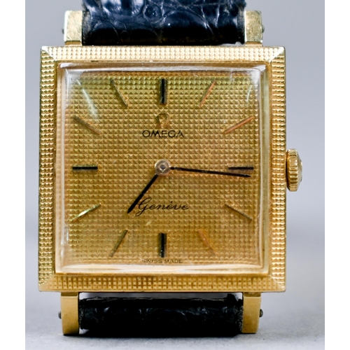 185 - An Omega Geneve manual movement wristwatch, 18k cased with gilt dial on a Cartier branded leather st... 