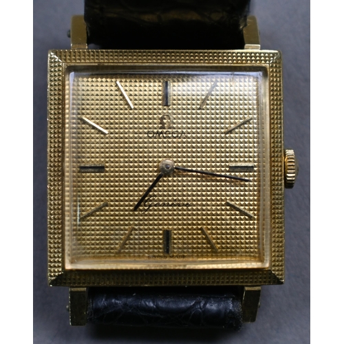 185 - An Omega Geneve manual movement wristwatch, 18k cased with gilt dial on a Cartier branded leather st... 