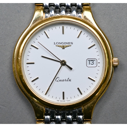 188 - A gents Longines stainless steel and gilt metal cased wristwatch, the quartz movement white dial wit... 