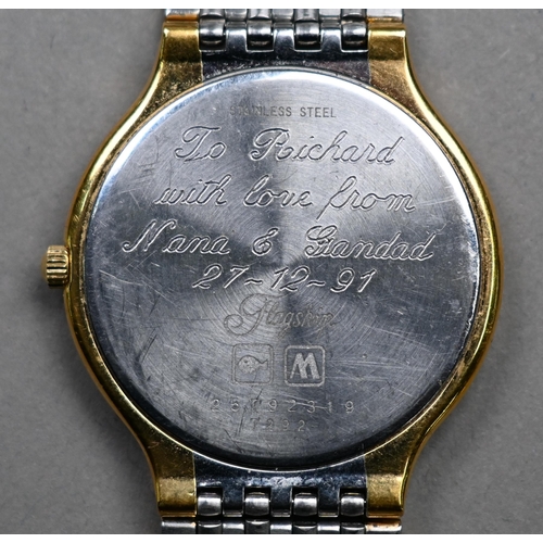 188 - A gents Longines stainless steel and gilt metal cased wristwatch, the quartz movement white dial wit... 