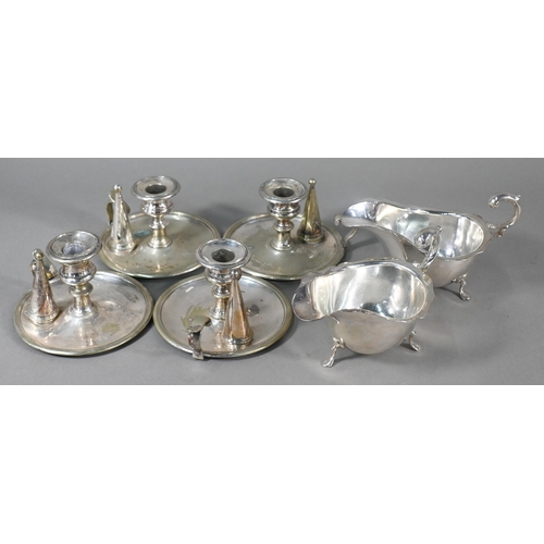 19 - Various silver including brushes, mirror, button hooks etc., to/w a set of four ep chambersticks wit... 