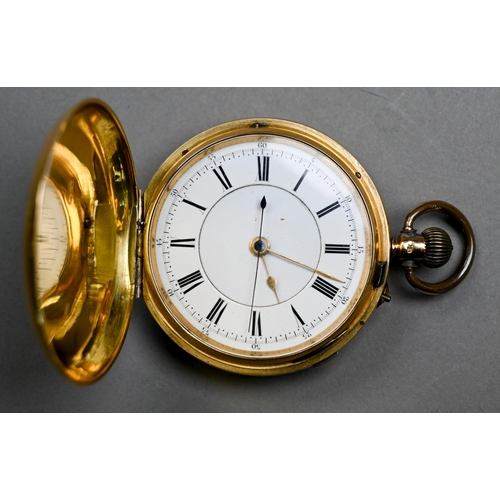 195 - An 18ct gold hunter pocket watch, the white enamelled dial with Roman numerals and Arabic ten second... 
