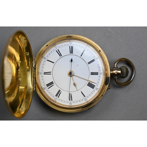 195 - An 18ct gold hunter pocket watch, the white enamelled dial with Roman numerals and Arabic ten second... 