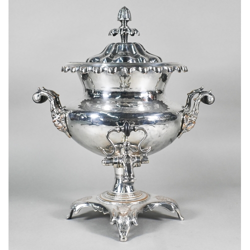 2 - A Victorian plated on copper samovar with domed lid and twin scroll handles, on stemmed foot and scr... 