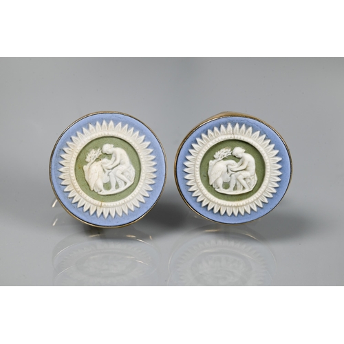 205 - Two pairs of cufflinks, one with Wedgwood jasperware roundels featuring classical vignette, with swi... 