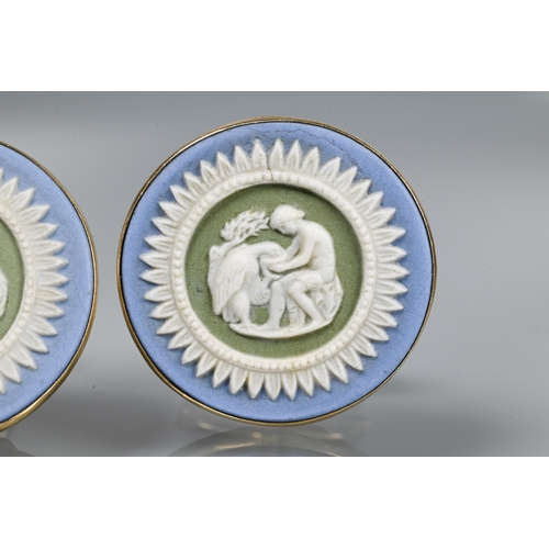 205 - Two pairs of cufflinks, one with Wedgwood jasperware roundels featuring classical vignette, with swi... 