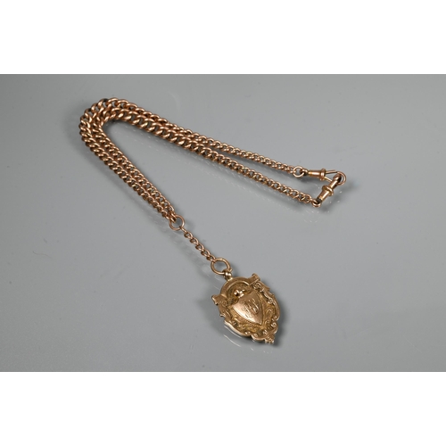 210 - A 9ct rose gold double Albert with two swivels and badge attached, to/w a 9ct curb bracelet with pad... 