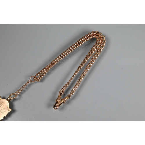210 - A 9ct rose gold double Albert with two swivels and badge attached, to/w a 9ct curb bracelet with pad... 