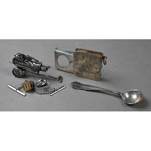 22 - Various oddments of silver, including a pair of salts and a single salt, vesta case with chain, fob ... 