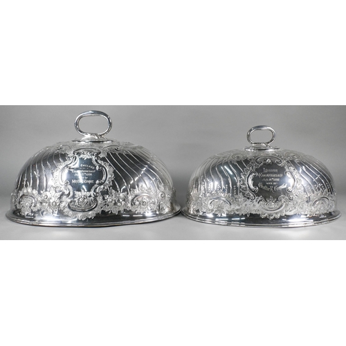 3 - Tennis interest: two late Victorian large silver-plated meat domes, engraved to Charlotte 'Chattie' ... 