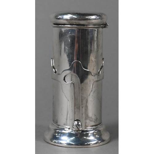 32 - A WW1 silver campaign shaving water-heater with hinged bun cover, rising on brackets to expose spiri... 