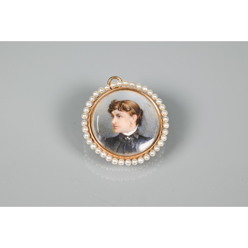 336 - A Victorian portrait miniature on ivory as a pendant, featuring young lady, yellow gold set with bro... 