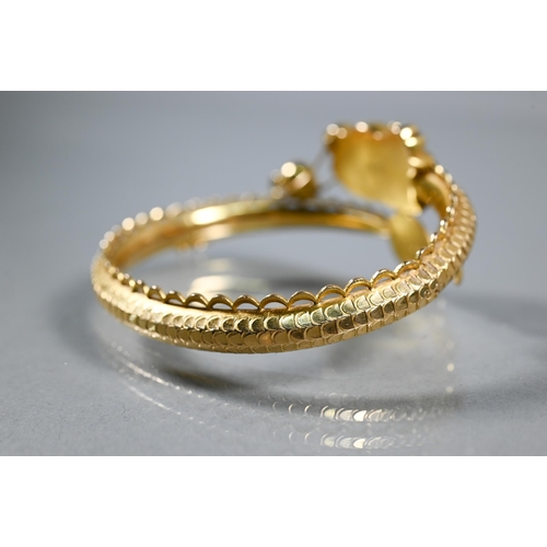 337 - A Chinese yellow gold half-hinged bangle in the form of a coiled dragon chasing the flaming pearl, t... 