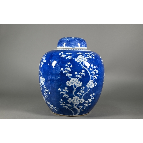 352 - A large 19th century Chinese blue and white ginger jar wand domed cover decorated with prunus on cra... 