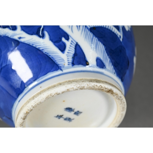 354 - A late 19th century Chinese blue and white globular vase, tianqiu ping, decorated with prunus on cra... 