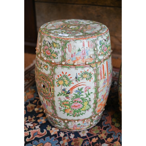 360 - A pair of 19th century Chinese Canton famille rose barrel form garden stools with pierced cash round... 