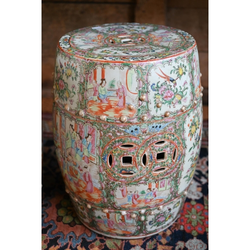 360 - A pair of 19th century Chinese Canton famille rose barrel form garden stools with pierced cash round... 