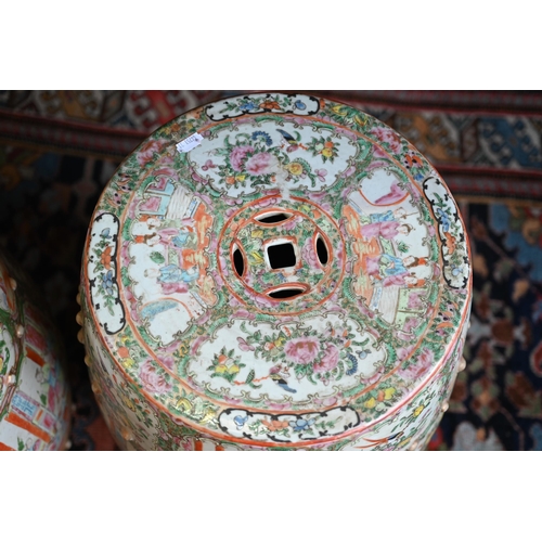 360 - A pair of 19th century Chinese Canton famille rose barrel form garden stools with pierced cash round... 