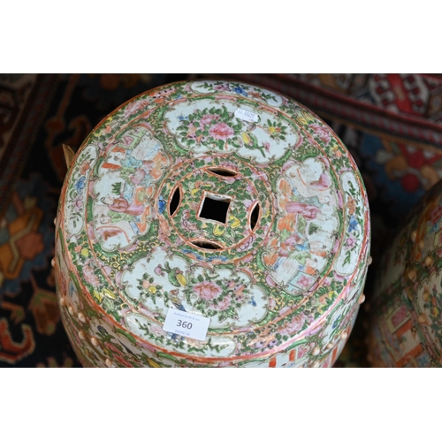 360 - A pair of 19th century Chinese Canton famille rose barrel form garden stools with pierced cash round... 