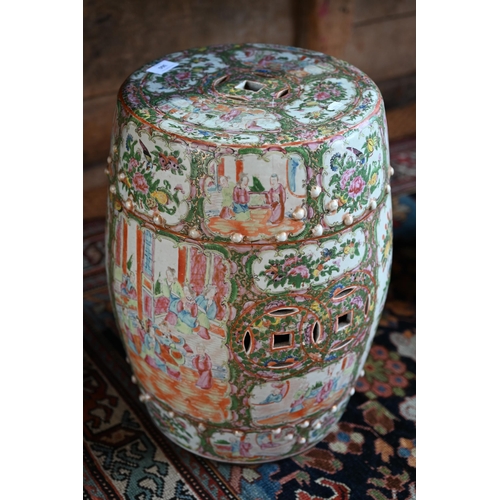 360 - A pair of 19th century Chinese Canton famille rose barrel form garden stools with pierced cash round... 