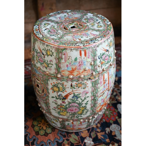 360 - A pair of 19th century Chinese Canton famille rose barrel form garden stools with pierced cash round... 