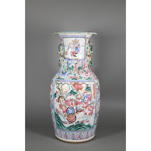 361 - A 19th century Chinese Canton famille rose baluster vase with foliate everted rim, the neck and shou... 