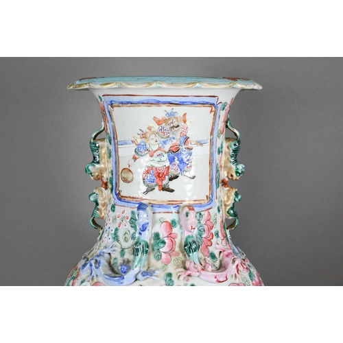 361 - A 19th century Chinese Canton famille rose baluster vase with foliate everted rim, the neck and shou... 