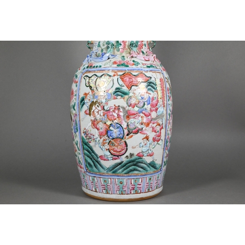 361 - A 19th century Chinese Canton famille rose baluster vase with foliate everted rim, the neck and shou... 