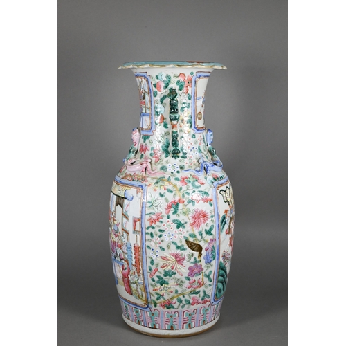 361 - A 19th century Chinese Canton famille rose baluster vase with foliate everted rim, the neck and shou... 