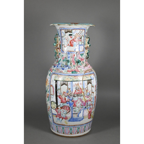 361 - A 19th century Chinese Canton famille rose baluster vase with foliate everted rim, the neck and shou... 